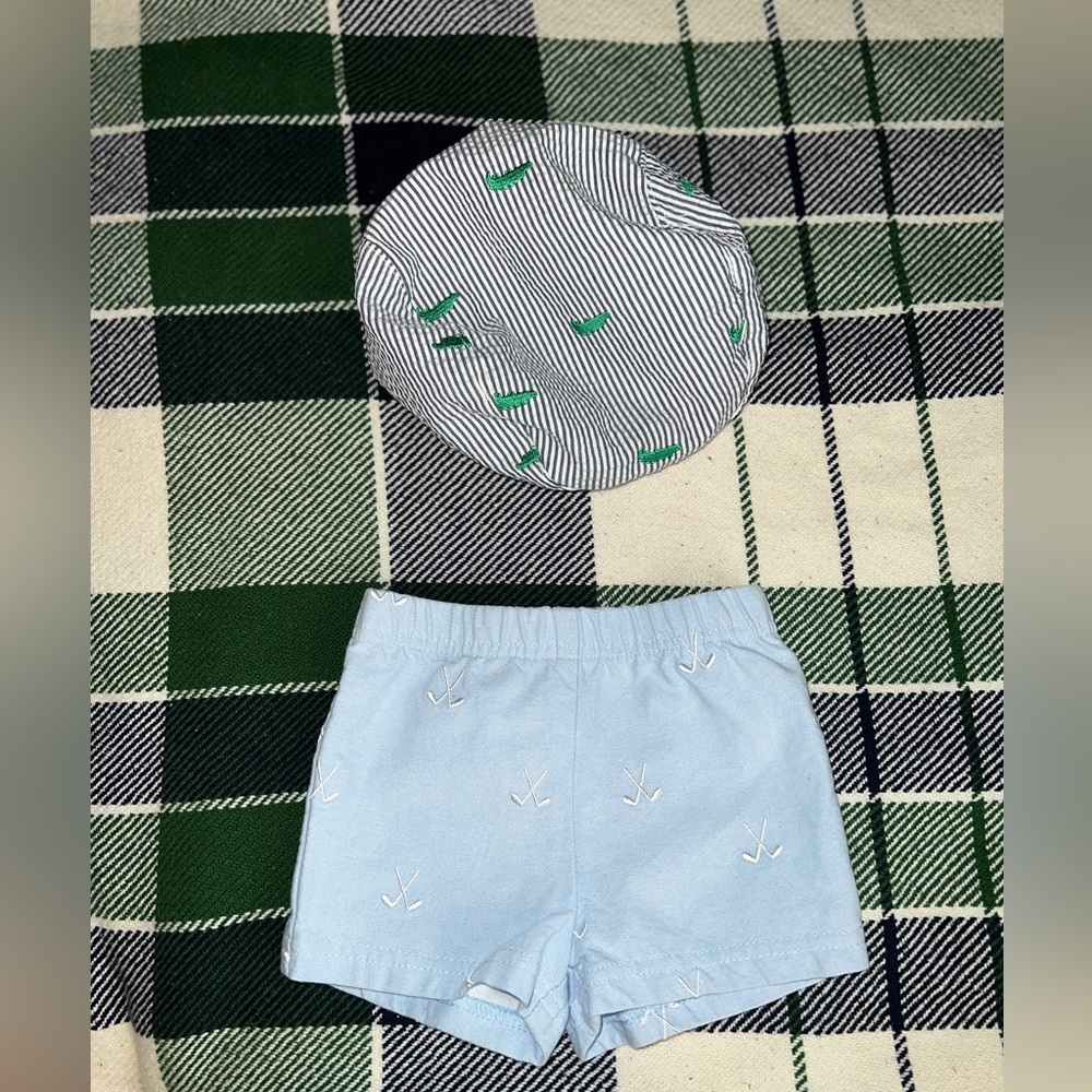 3-6m baby boy preppy Golf shorts and alligator, sear sucker golf hat.